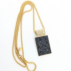 GM Signed Stainless Steel Gold Tone Long Chunky Black Druzy Pendant Necklace